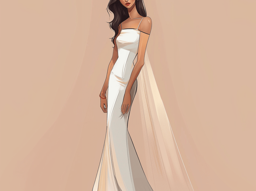 Elegant wedding dress fashion illustration showcasing a modern bridal gown with an off-shoulder design