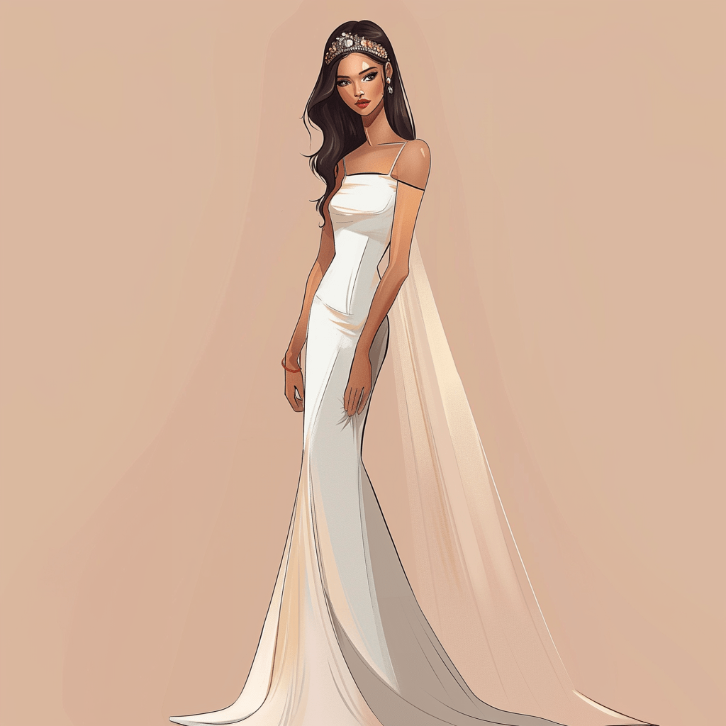 Elegant wedding dress fashion illustration showcasing a modern bridal gown with an off-shoulder design